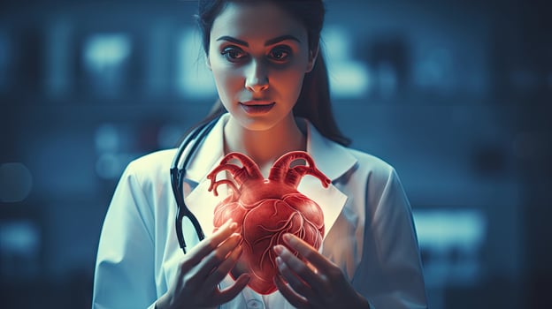 Female doctor touchstone virtual heart in hand hand drawn human organs Highlighting red is a symbol of disease. hospital treatment concept photo