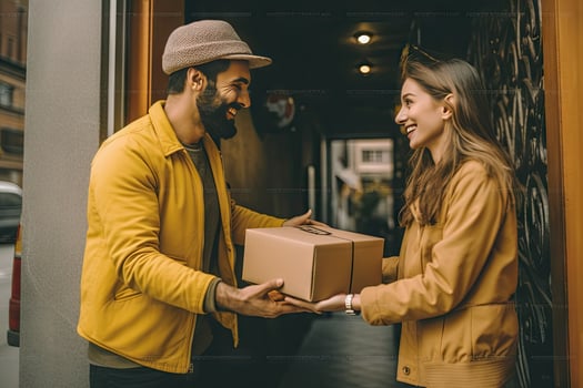 Female hand receiving a box from the delivery person, online delivery person photo