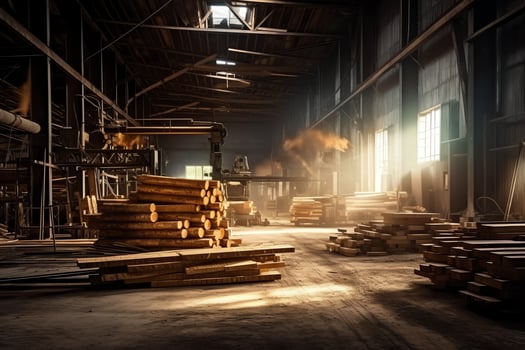 Wooden plank or board in the lumber mill industry. Stack of logs and wood in the sawmill production concept by AI Generated photo