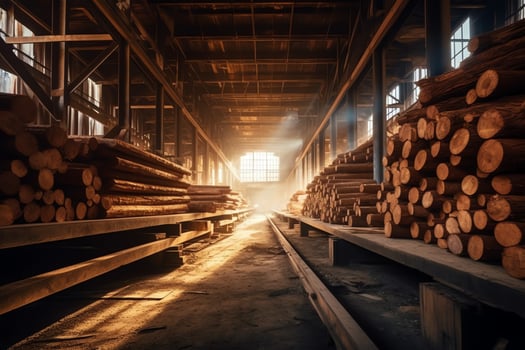 Wooden plank or board in the lumber mill industry. Stack of logs and wood in the sawmill production concept by AI Generated photo