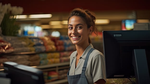 Beautiful smiling cashier working at grocery store,cashier photo