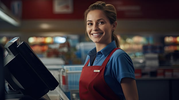 Beautiful smiling cashier working at grocery store,cashier photo