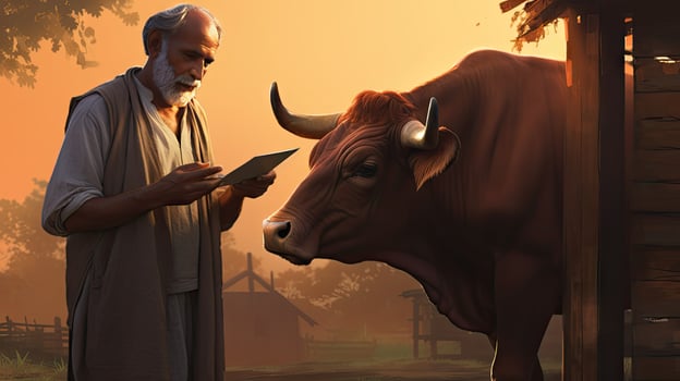 Mature male farmer smiles proudly into camera at his work on a rural farm with cows. photo