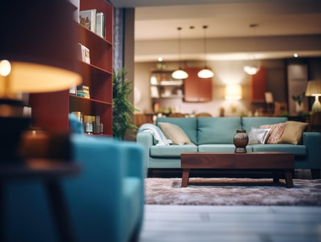 Blurred modern living room interior with stylish sofa and wooden lamp for captivating backgrounds. Generative AI photo