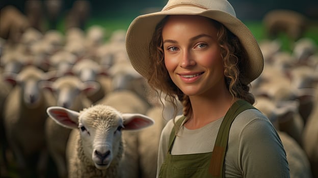 Beautiful young woman in hat standing happy smiling on sheep farm in beautiful countryside nature, female worker in sheep farm photo