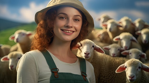 Beautiful young woman in hat standing happy smiling on sheep farm in beautiful countryside nature, female worker in sheep farm photo