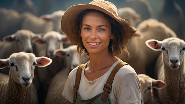 Beautiful young woman in hat standing happy smiling on sheep farm in beautiful countryside nature, female worker in sheep farm photo