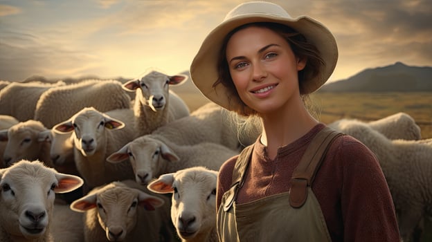 Beautiful young woman in hat standing happy smiling on sheep farm in beautiful countryside nature, female worker in sheep farm photo