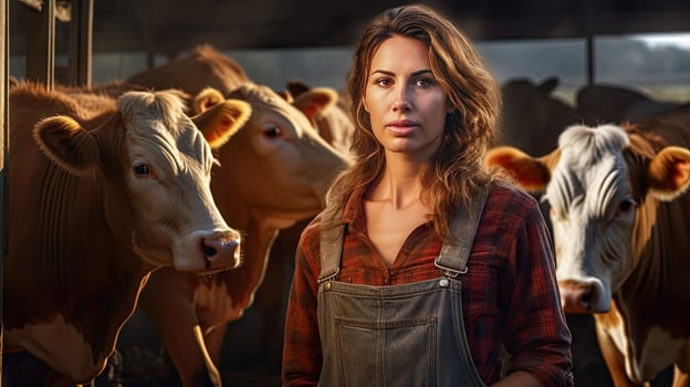 Happy female farmer standing with cows at the cattle farm.Female farmer raising cows photo