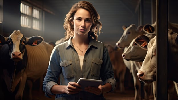 Happy female farmer standing with cows at the cattle farm.Female farmer raising cows photo