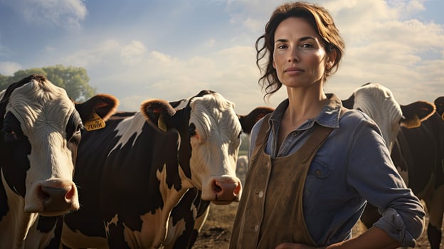 Happy female farmer standing with cows at the cattle farm.Female farmer raising cows photo