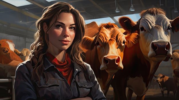 Happy female farmer standing with cows at the cattle farm.Female farmer raising cows photo