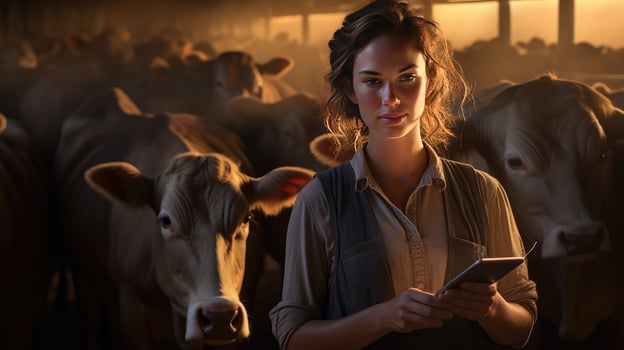 Happy female farmer standing with cows at the cattle farm.Female farmer raising cows photo