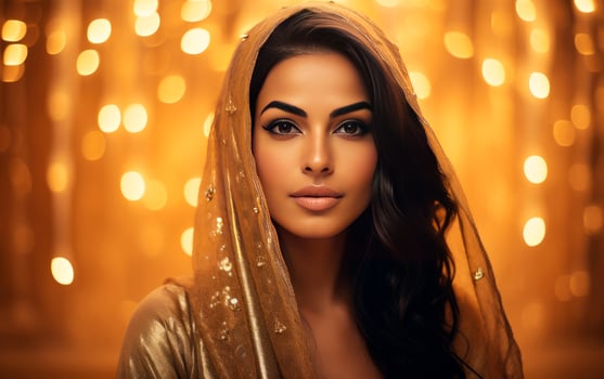 Beautiful smiling arab woman over dark golden bokeh background. AI Generative photo