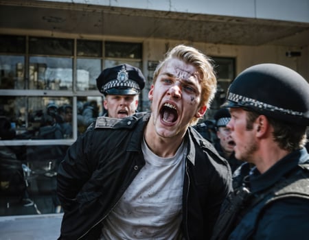photo of angry boy teenager under control with police, generative AI