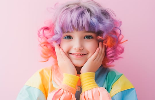 A little girl with colorful hair and colorful wigs photo