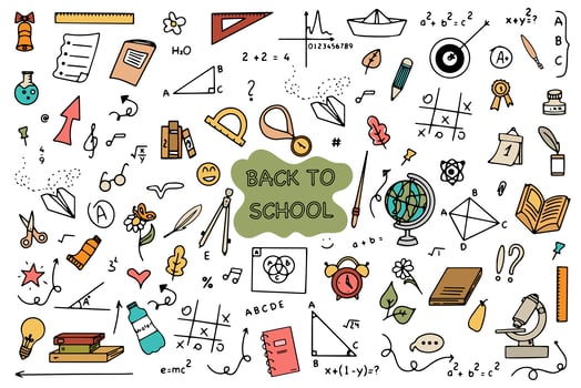 Background of school icons in doodle style. School education. Back to school doodle drawing. Vector photo