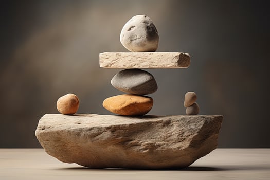 Balancing zen stone pyramid on the table indoors, balance concept photo