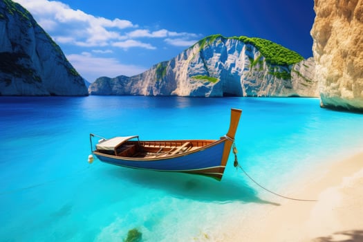 Fishing boat on the beach of Zakynthos island, Greece, Amazing Navagio Beach in Zakynthos Island, Greece, AI Generated photo