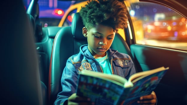 Young boy in a car reads a book photo