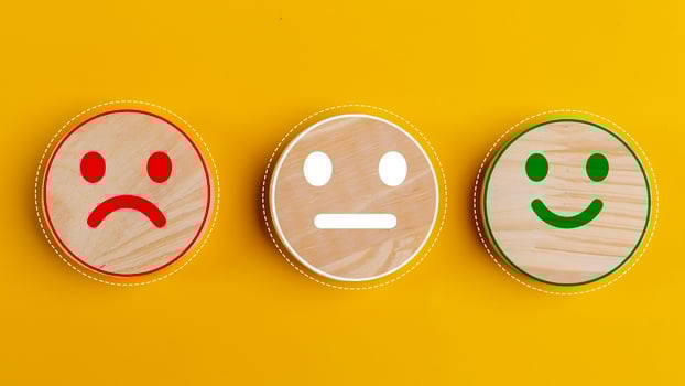 Concept of customer satisfaction. Happy sad and neutral smile faces on wooden blocks on a yellow background. Customer satisfaction, evaluation, or feedback concept. photo