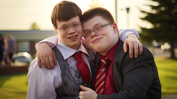 Happy young man with Down syndrome and his mentor friend celebrate success photo