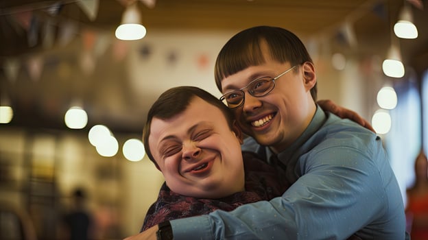 Happy young man with Down syndrome and his mentor friend celebrate success photo