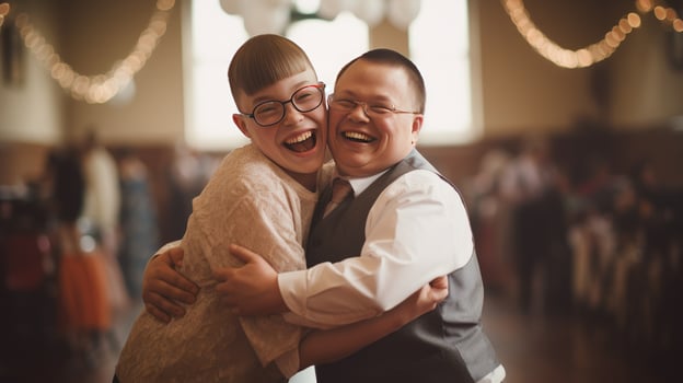 Happy young man with Down syndrome and his mentor friend celebrate success photo