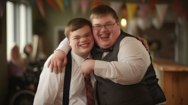 Happy young man with Down syndrome and his mentor friend celebrate success photo