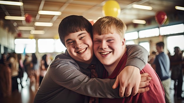 Happy young man with Down syndrome and his mentor friend celebrate success photo