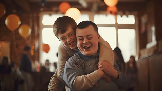 Happy young man with Down syndrome and his mentor friend celebrate success photo