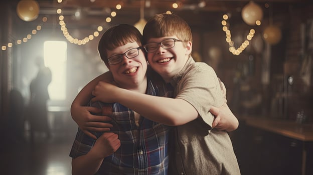 Happy young man with Down syndrome and his mentor friend celebrate success photo