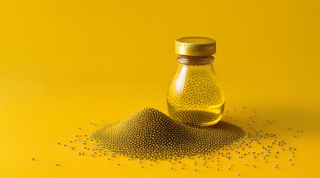Showcase a promotional image for a mustard oil brand. Use floating mustard seeds and mustard oil to symbolize the natural and flavorful qualities of the product against a green background photo
