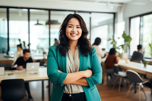 Plus size manager asian businesswoman CEO confident and standing front of modern office,AI Generated photo