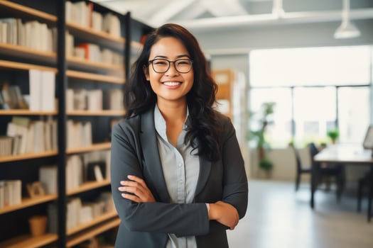 Attractive asian businesswoman CEO confident and staning front of modern office,AI Generated photo