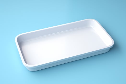 Blank empty plastic or paper tray mockup on blue background, AI Generated photo