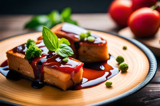 two pieces of cake with sauce on a plate. AI-Generated photo