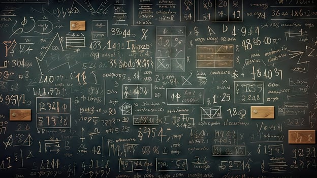 School children write math formulas on the blackboard. Asian primary school students are solving geometric problems on the blackboard photo