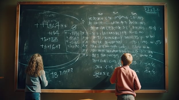 School children write math formulas on the blackboard. Asian primary school students are solving geometric problems on the blackboard photo