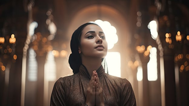 young muslim woman praying ,Young muslim woman praying in mosque photo