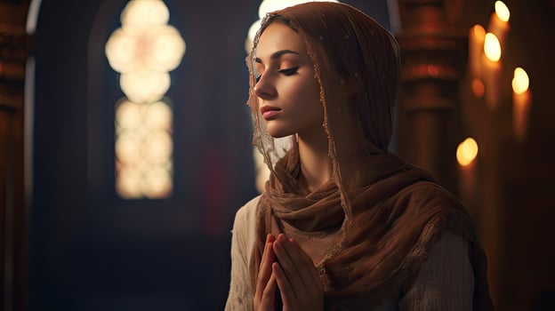 young muslim woman praying ,Young muslim woman praying in mosque photo