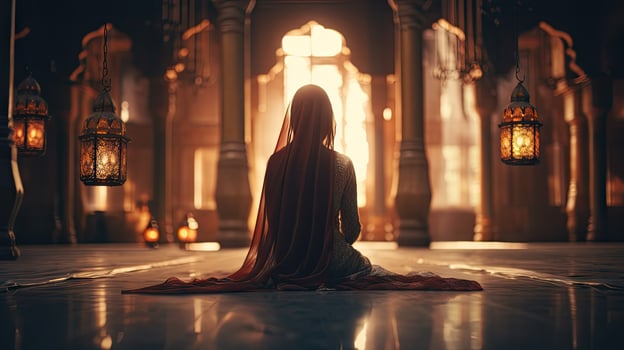 young muslim woman praying ,Young muslim woman praying in mosque photo
