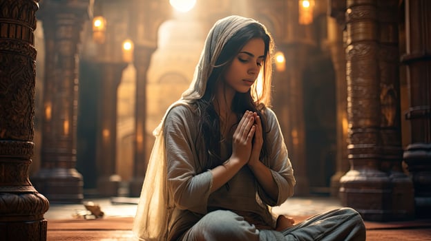 young muslim woman praying ,Young muslim woman praying in mosque photo