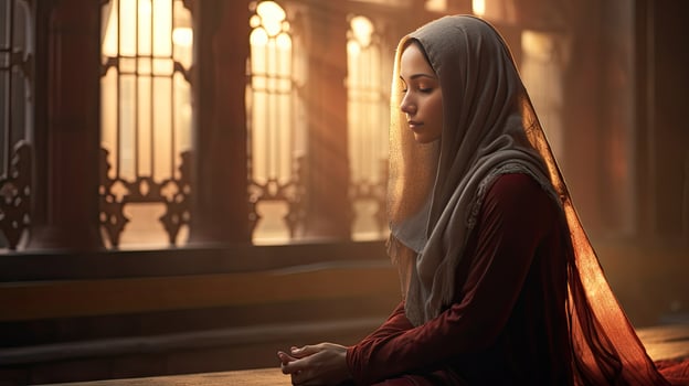 young muslim woman praying ,Young muslim woman praying in mosque photo