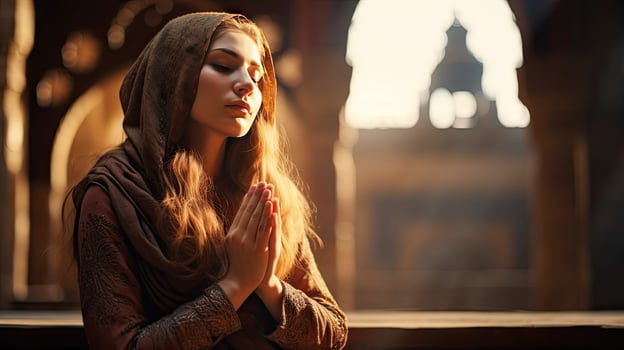 young muslim woman praying ,Young muslim woman praying in mosque photo