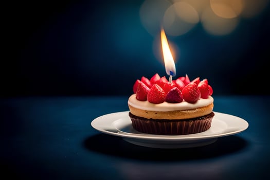 a cupcake with strawberries on top and a lit candle. AI-Generated photo