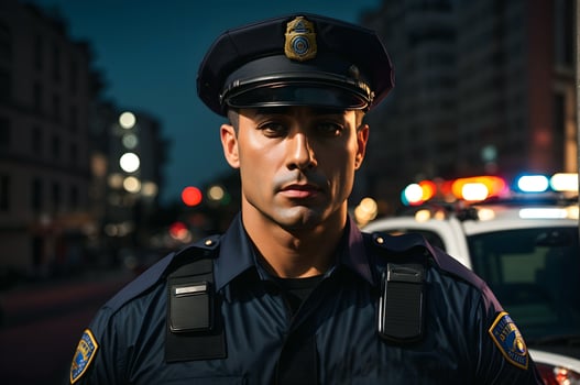 Ai generative Portrait of handsome police officer, police car in background photo