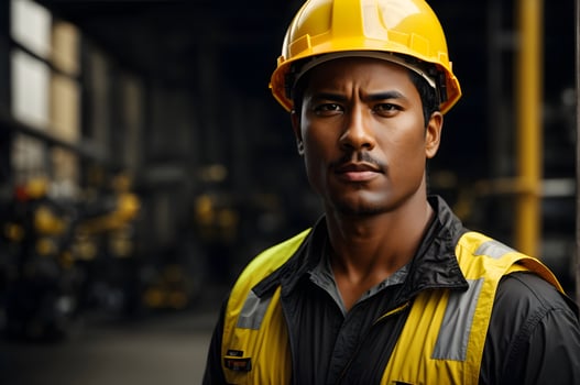 Ai generative Portrait of construction worker, firefighter with yellow helmet photo