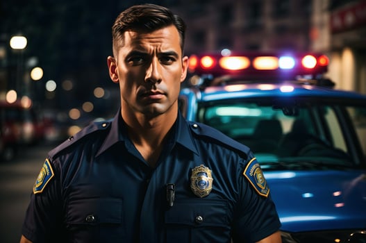 Ai generative Portrait of handsome police officer, police car in background photo