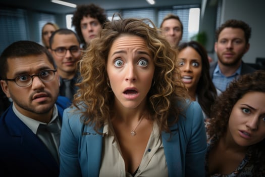 People in an office saying surprise to someone who comes looking at the camera. Photos realistic. Everyone is happy. Generative AI